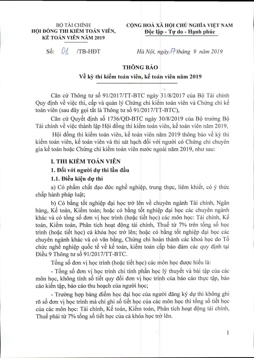 0001 Kỳ thi kiểm toán viên, kế toán viên năm 2019